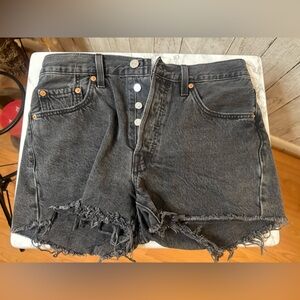 Levis 501 Shorts Womens Black Denim Cut Off Button Fly High Rise Dark Wash Sz 28